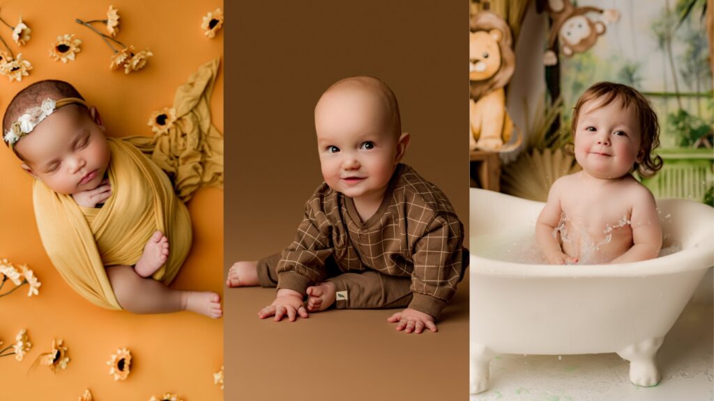 3 vertical pictures of a newborn girl surrounded by sunflowers, a little boy on a brown backdrop smiling and a little boy in a milk bath with safari animals in the background splashing. 