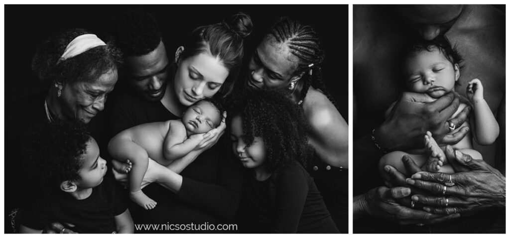 2 Black and white connection photos of family looking down at baby being held by mom and a photo of dad holding baby while kissing his head and hands of baby's grandma and great grandma also holding him. These are professional photos taken a newborn photography session at NicSo Studio in Charlotte, NC