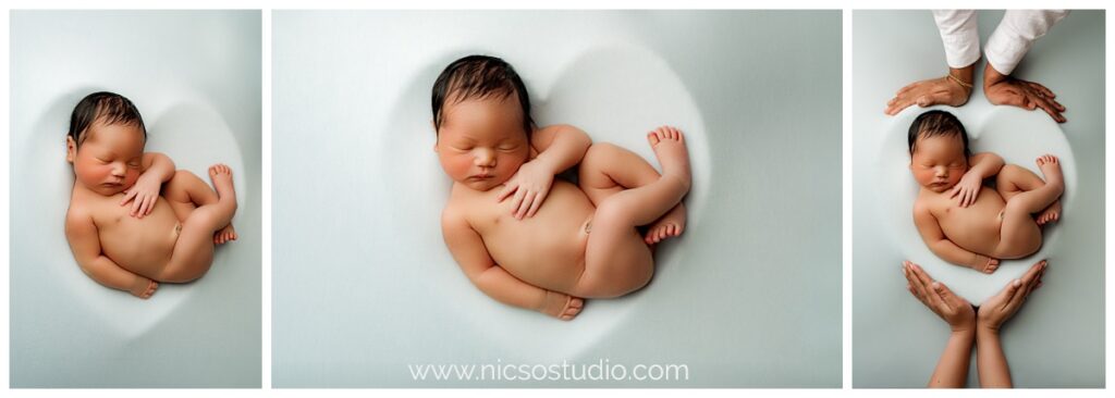 3 photos of baby boy on blue backdrop in heart bowl with a side view, straight down, and straight down with parents hand holding the heart surrounding baby taken during newborn photography session in Charlotte, NC. 