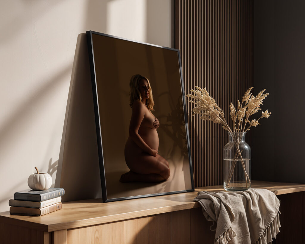 Long side table with a wall art piece leaning against the wall of a nude pregnant women kneeling and looking down at her baby bump.