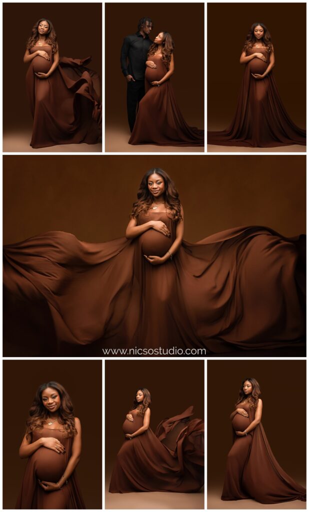 Photo collage of 7 maternity photos all taken on a brown backdrop with mom wearing brown flowing fabric and include professional NFL Panthers player Samuel Lamar Franklin JR. These were all taken at a Maternity photoshoot in Charlotte, NC