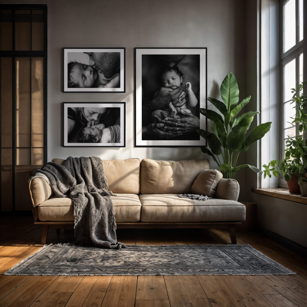 A living room with 3 wall art pieces on the wall. Top left there is a black and white of a dad touching his nose to his baby's face. Below that is a black and white of mom looking down at baby who is looking up at her. On the right there is a big black and white photo of dad holding and kissing baby's head with 2 additional hands on the bottom of baby's grandma and great grandma. They are professional wall art from NicSo Studio a newborn photographer based in Charlotte, NC 