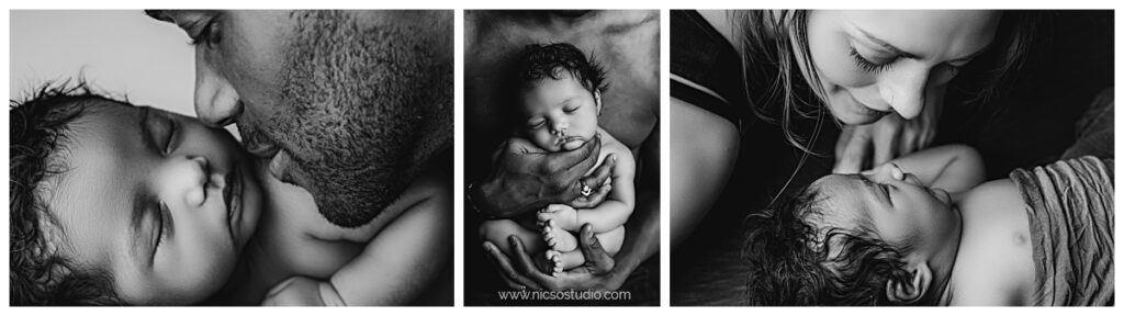 3 photos in black and white one of baby touching his nose to his newborn boy, the middle dad holding newborn baby close up and last mom looking down at her newborn boy. 