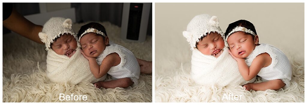 Before and after edit done by a professional charlotte newborn photographer of twin girls one wrapped and the other hugging her sister. 