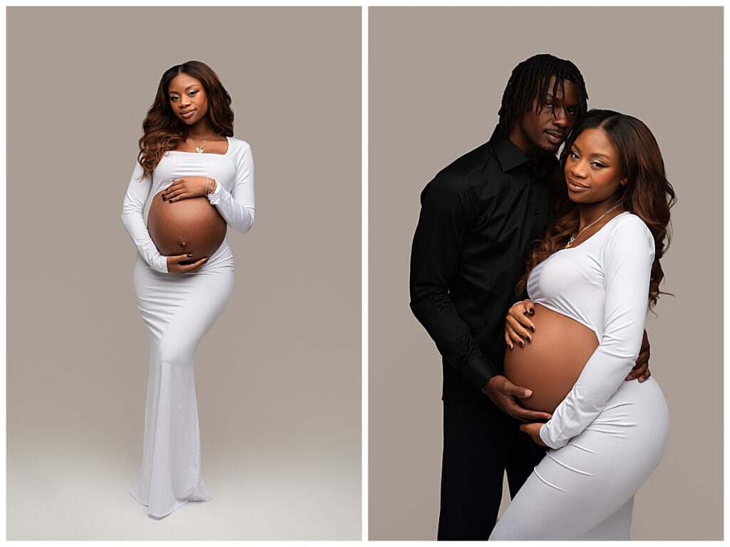 2 Photos of Charlotte Carolina Panther's player's girlfriend in white dress holding her belly and one with him in it looking at camera.