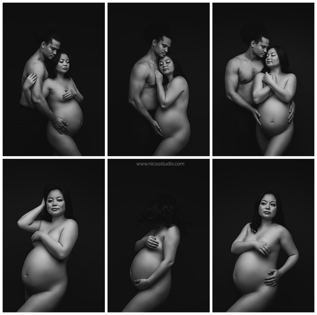 Collage of 6 black and white photos of intimate maternity session at a charlotte maternity photography studio