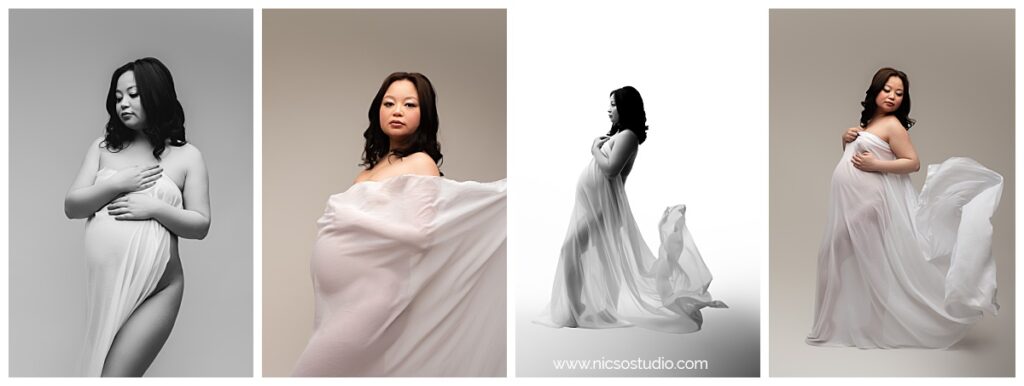 A collage of 4 photos of a pregnant mom wearing a white flowy fabric during her charlotte maternity session