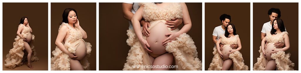 A collage of 5 photos of a pregnant mom during her charlotte studio maternity session wearing a cream tulle gown that is part of NicSo Studio's client closet