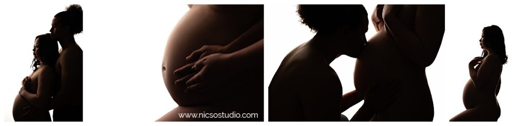 Backlit photos taken by NicSo Studio a charlotte maternity studio photographer showcasing a pregnant moms beautiful bump and a photo of her boyfriend kissing her bump.