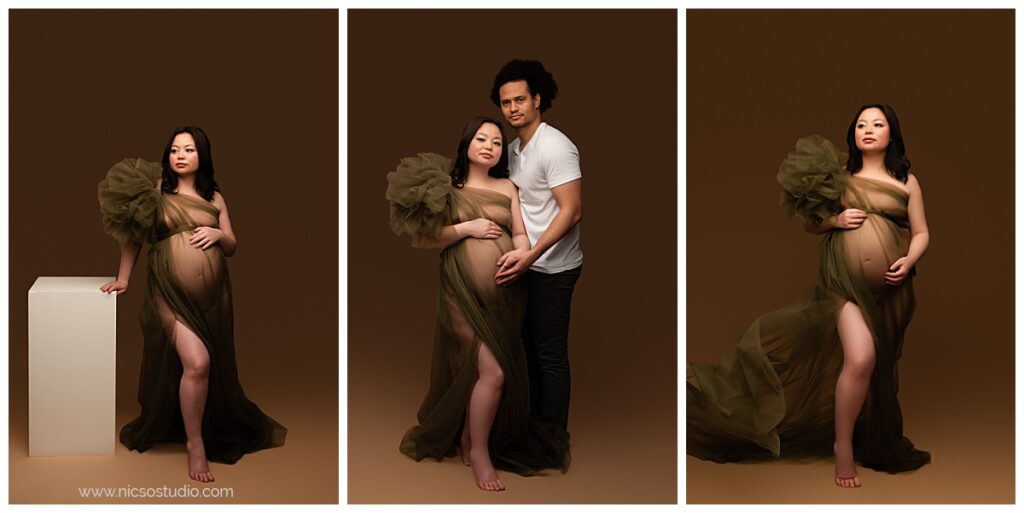 Collage of 3 photos of a charlotte maternity session where the mom to be is wearing a green sheer gown and the middle photo has her boyfriend holding her pregnant belly as well. 