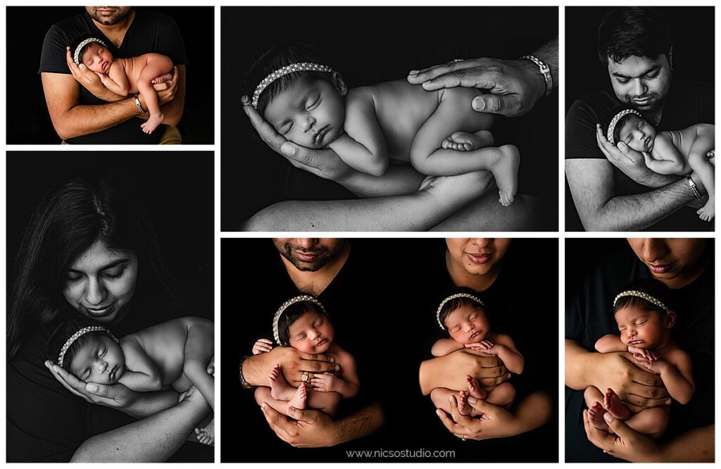 Collage that show mom and dad of twin girls holding the babies on a black backdrop wearing black shirts. 