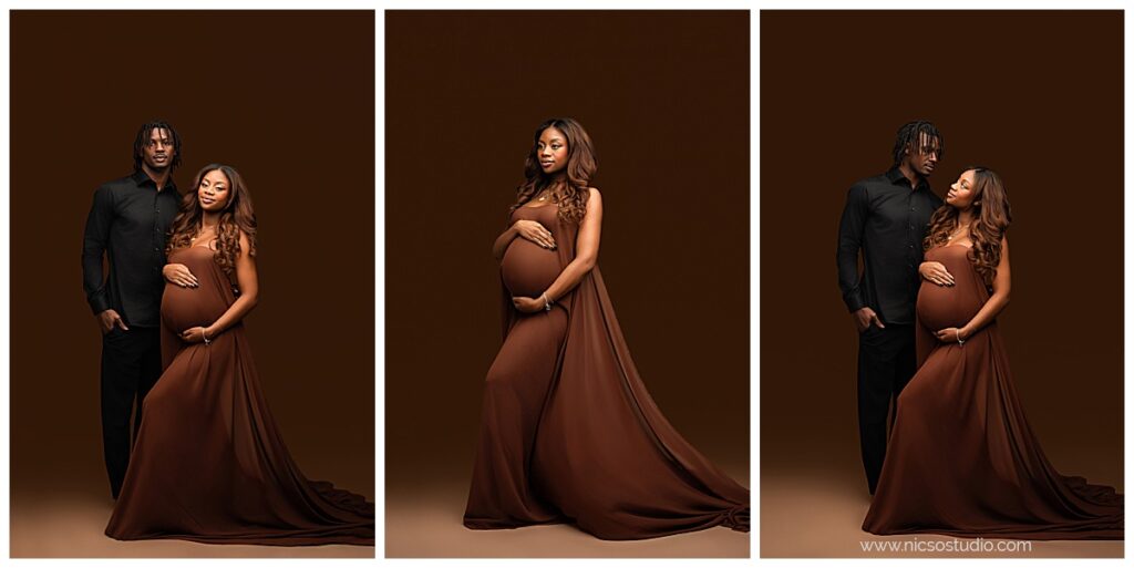 3 photos of Carolina Panther's player with his pregnant girlfriend during charlotte maternity photoshoot.