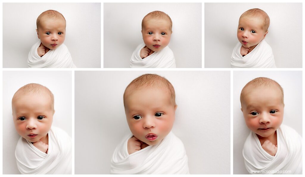 ^ image collage of newborn boy wrapped up and on a white backdrop awake and making silly faces during his newborn session.