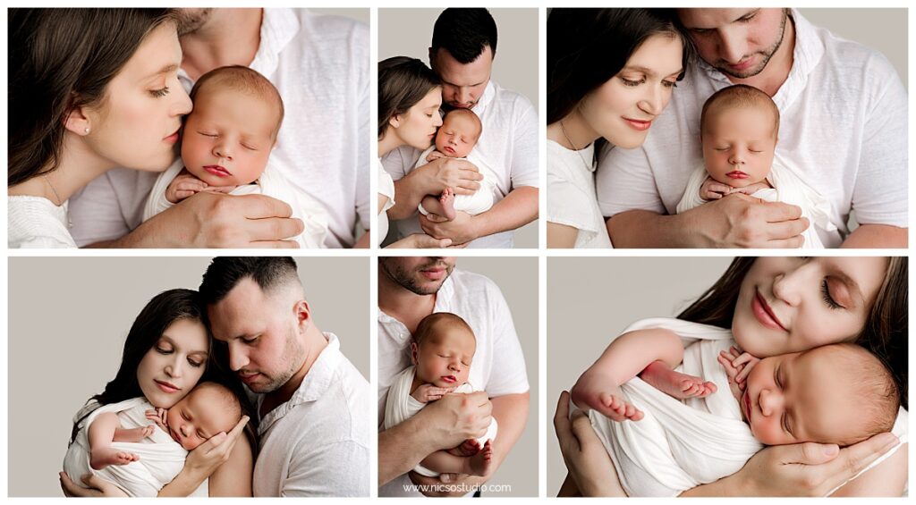 6 image family photo collage during baby's first photoshoot on a creamy white background with mom and dad looking at baby in all of the images. 