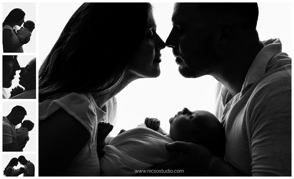 5 black and white image collage from a newborn session with backlit images of mom and dad holding baby boy. some images baby is looking up and mom and dad and in the others baby is touching noses with mom or dad. 