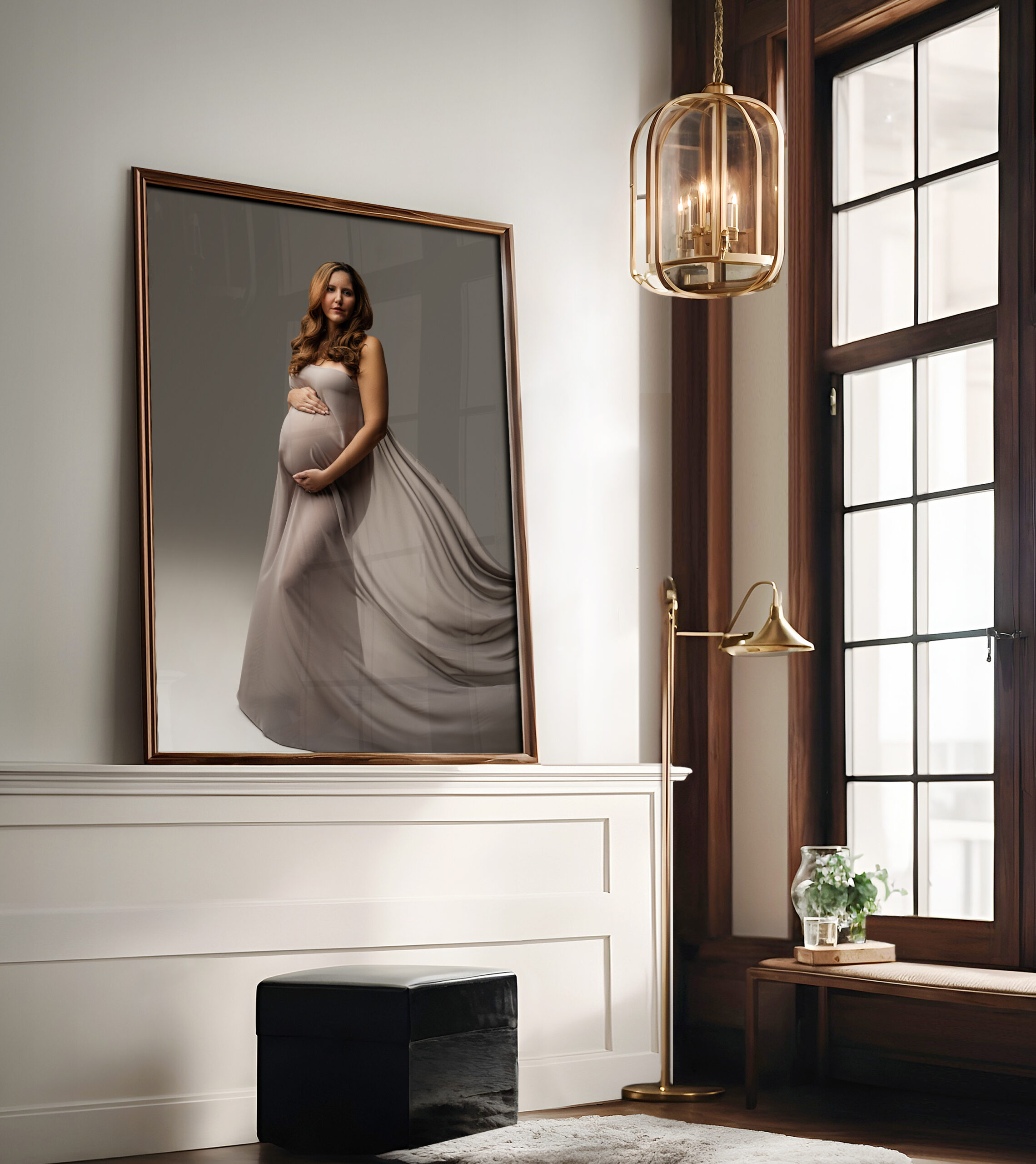 Framed maternity portrait of expectant mother in gray gown displayed as wall art in a Charlotte, NC home.
