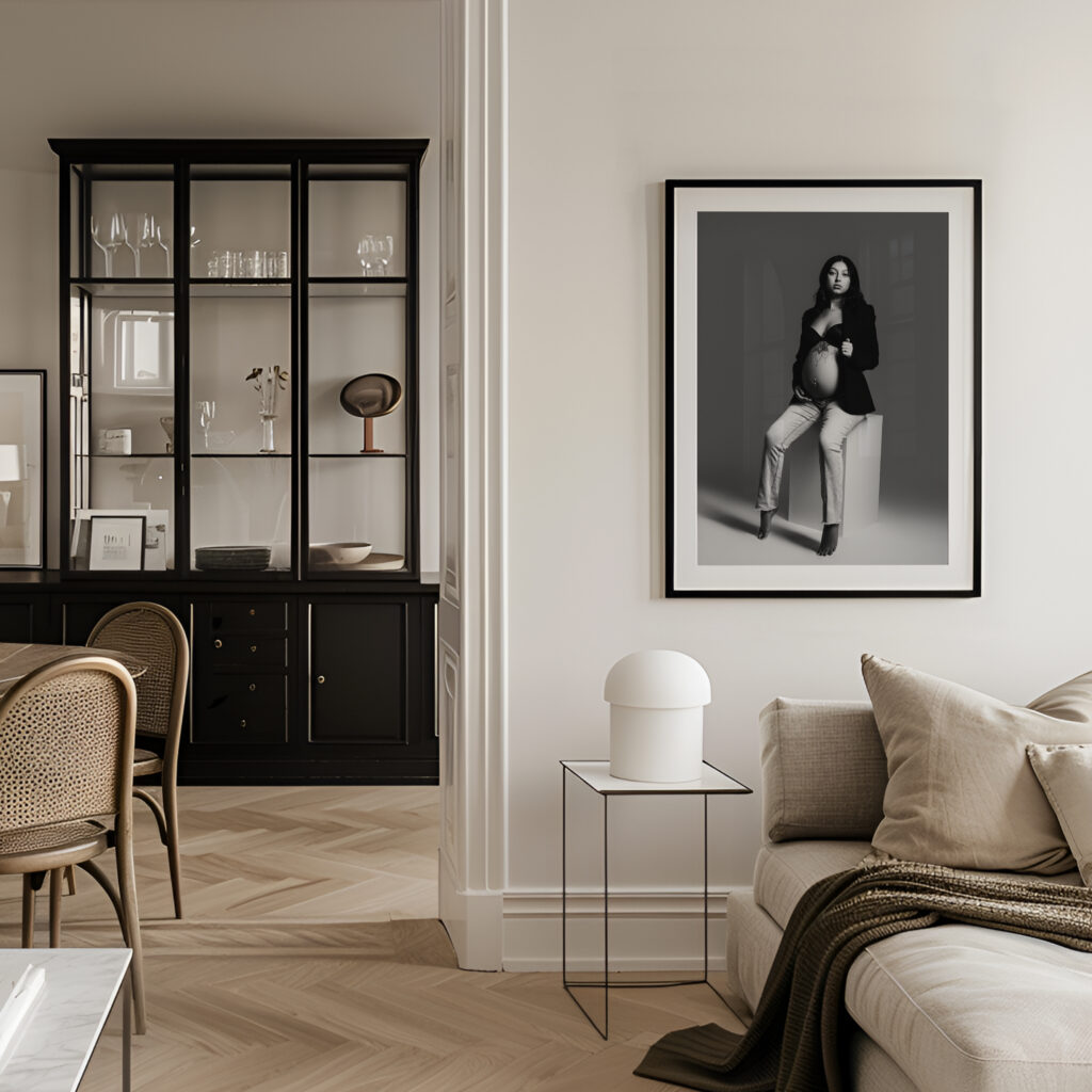 Large framed black and white maternity portrait displayed as wall art in a modern living room, showing how NicSo Studio Charlotte maternity photos translate to home artwork